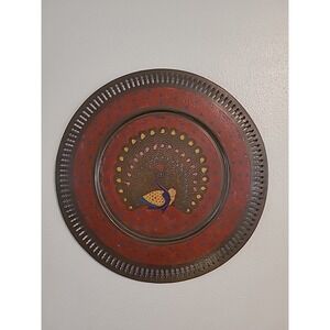 Vintage Floral Etched Painted Brass Peacock Decorative Plate Wall Hanging 13.5"